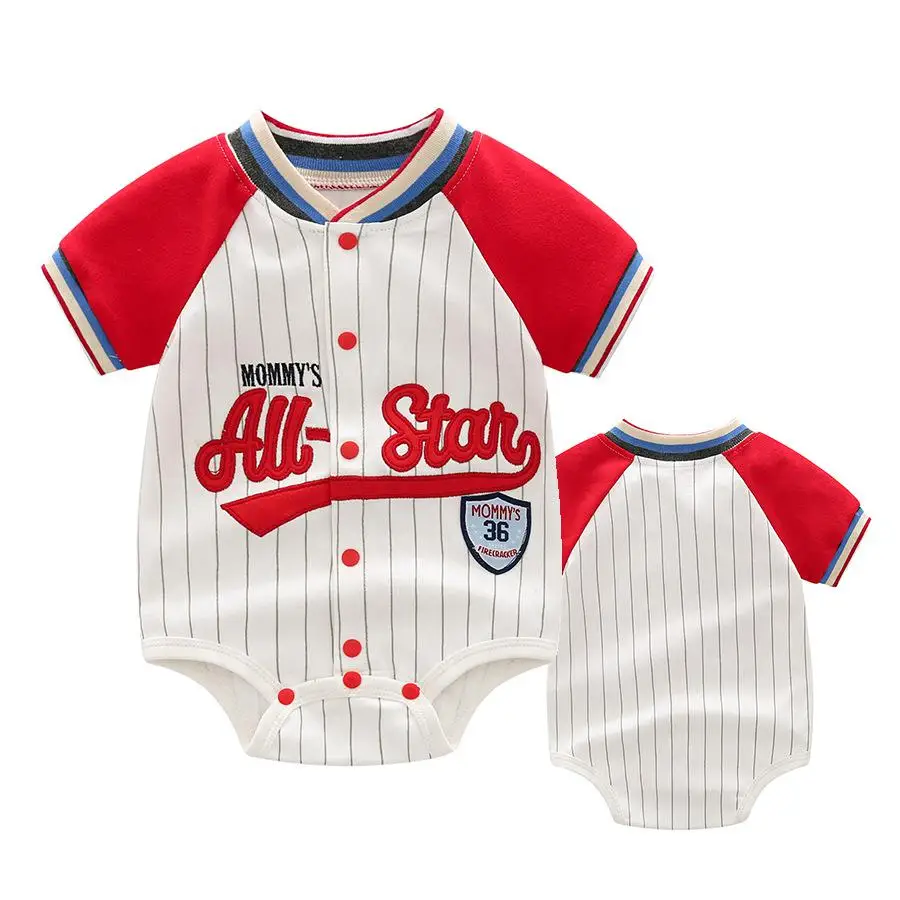 Baby Bodysuit Newborn Infant Color Block Baseball Romper Short Sleeve Stripe Letter Embroidery For Baby Boys Toddler