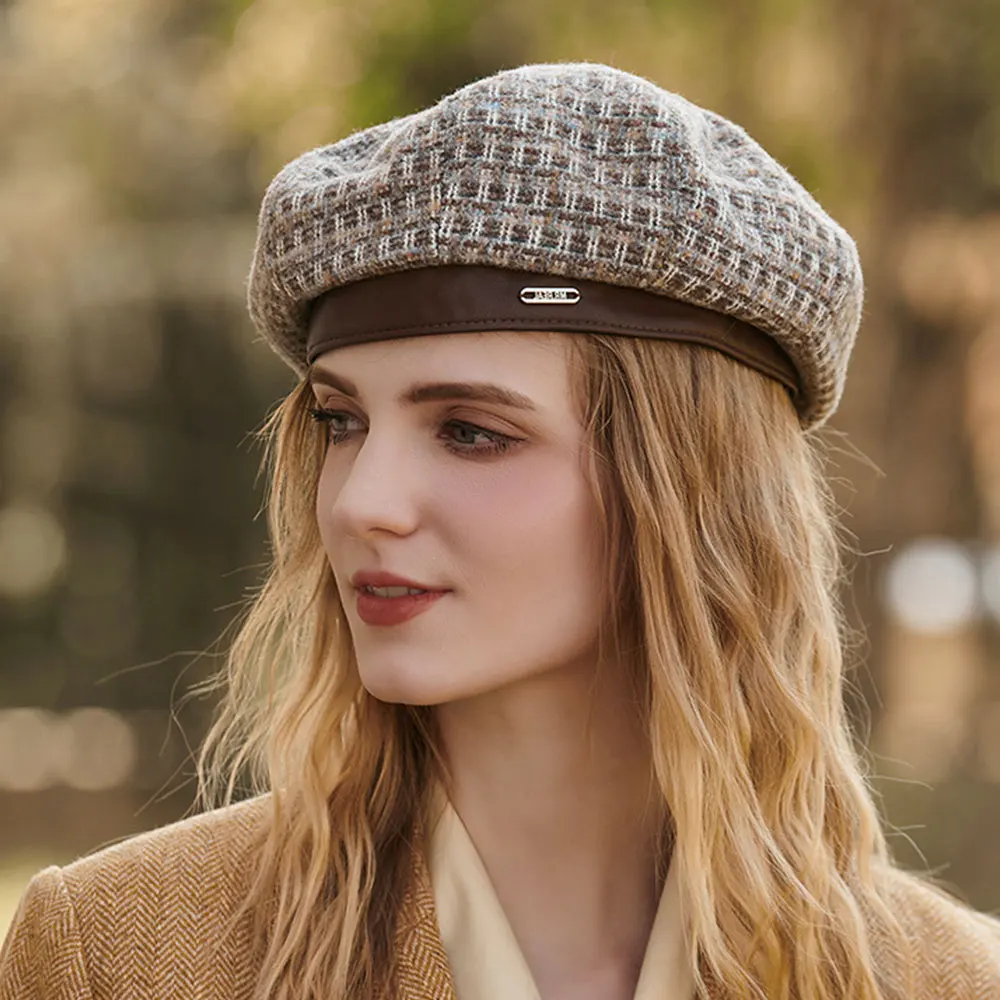 

Lady Beret Octagonal Hat Women Houndstooth Checked Warm Female Artist Hat British Retro Autumn Winter Fashion