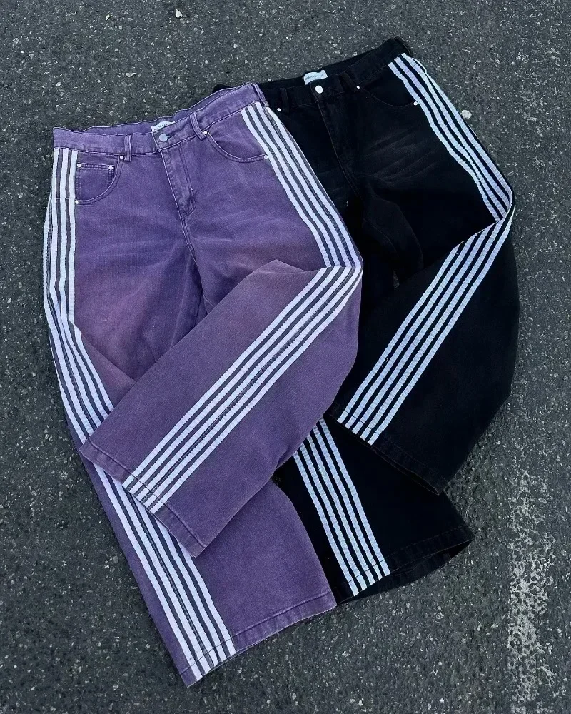 Y2K High Quality Vintage Jeans Harajuku Striped Embroidered Baggy Jeans Goth Men Women Hip Hop Streetwear Casual Wide Leg Pants 4