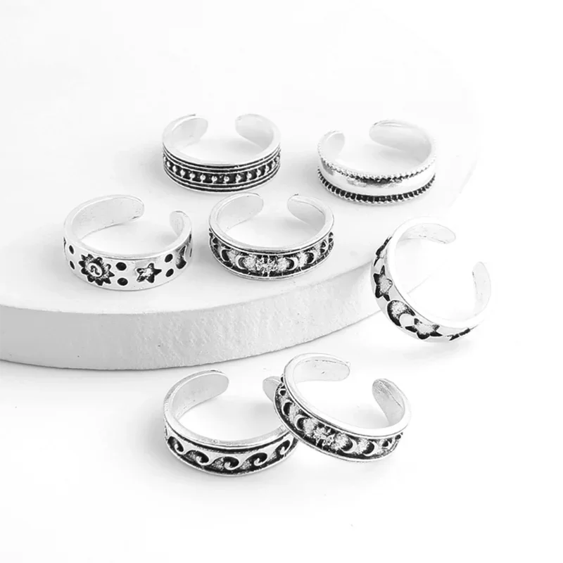Ring Set 7Pcs Adjustable Toe Rings Set for Women Retro Hollow Carved Star Moon Boho