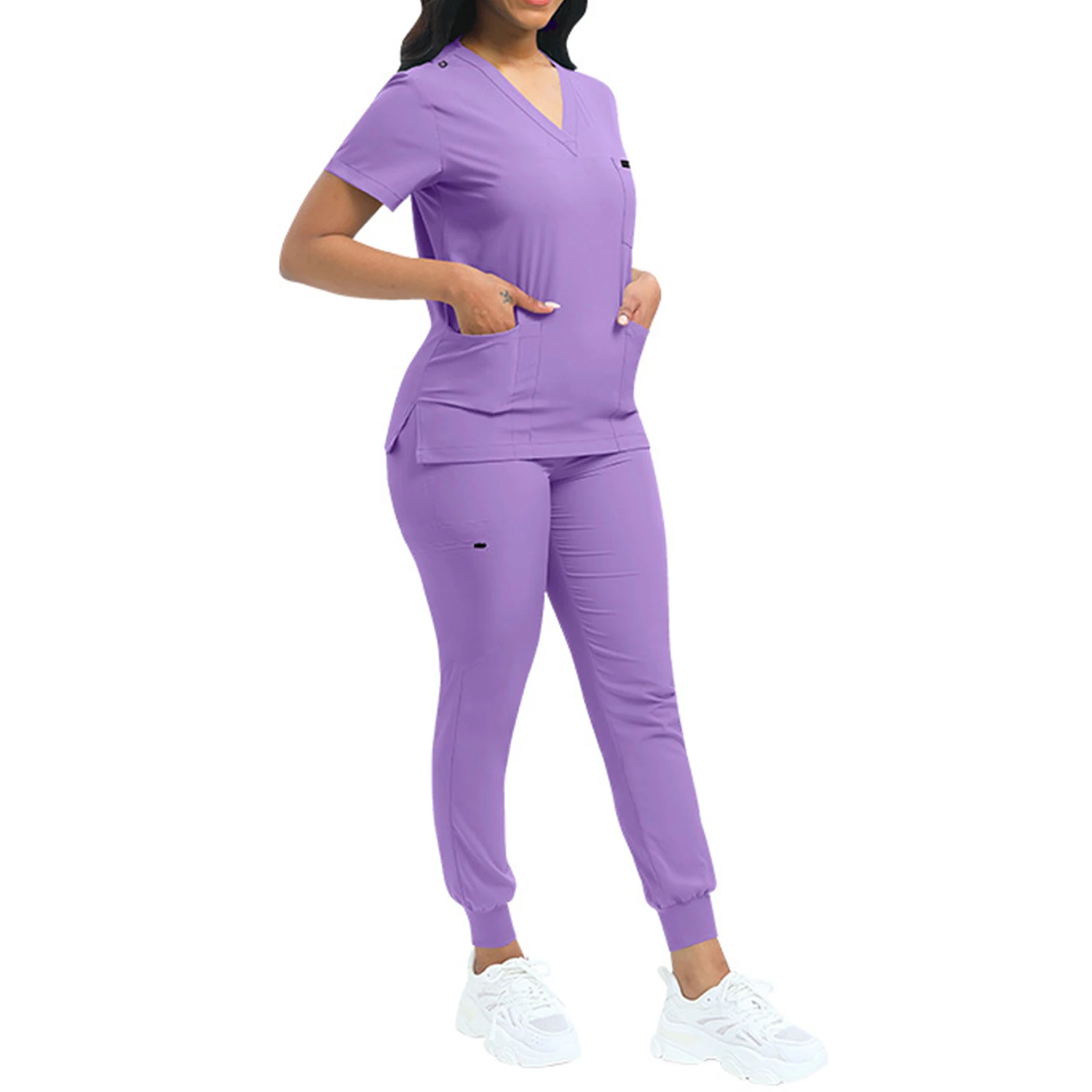 Women's Nurse Scrub Set V-Neck Short Sleeve Multi-Color Multi-Pocket Jogger Pants Medical Uniform Healthcare Workwear