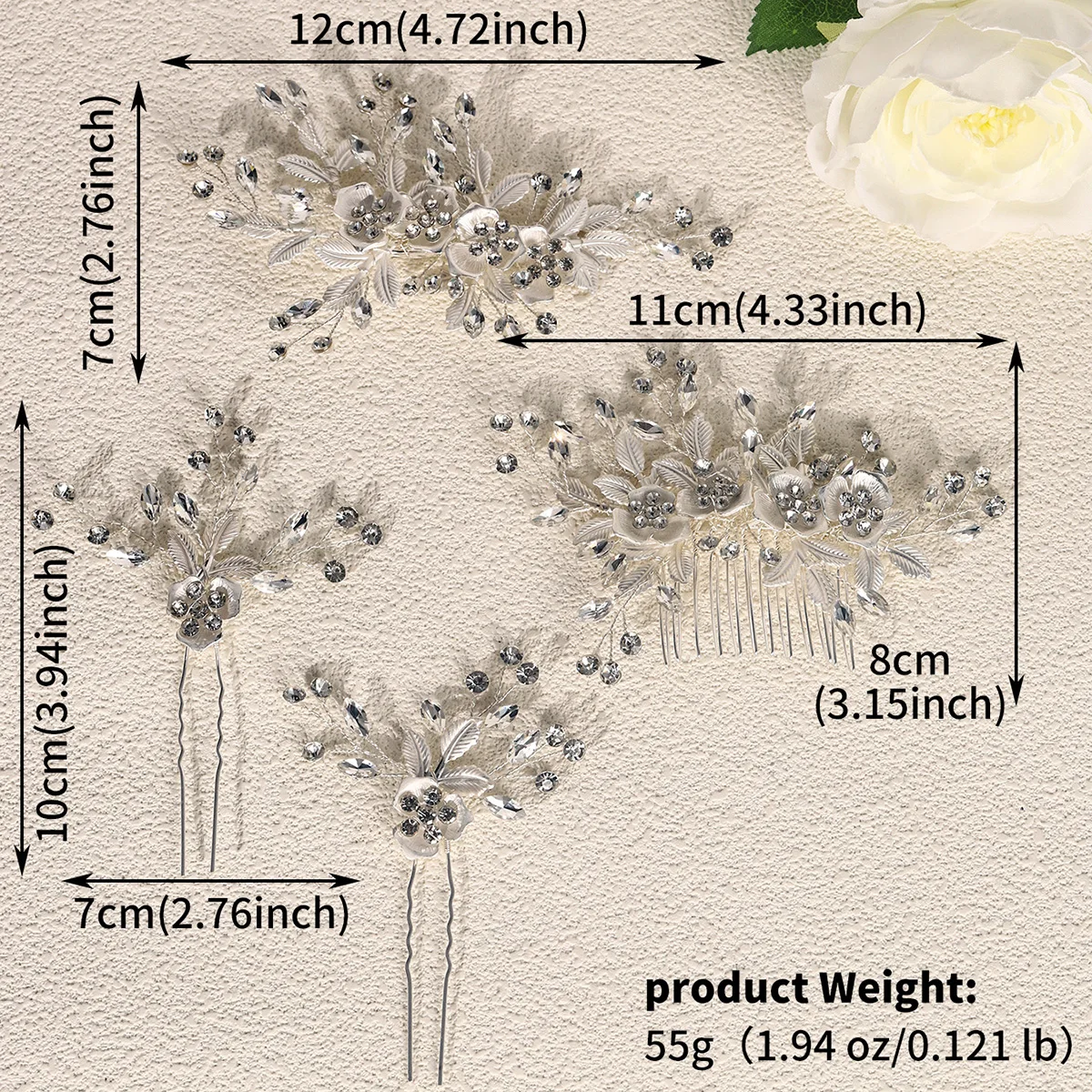 Rose Gold Legierung Blume Zarte Strass Haar Kamm & Pin Set Luxus Party Schmuck Haar Zubehör Porträt Kopfbedeckungen – Detail 13