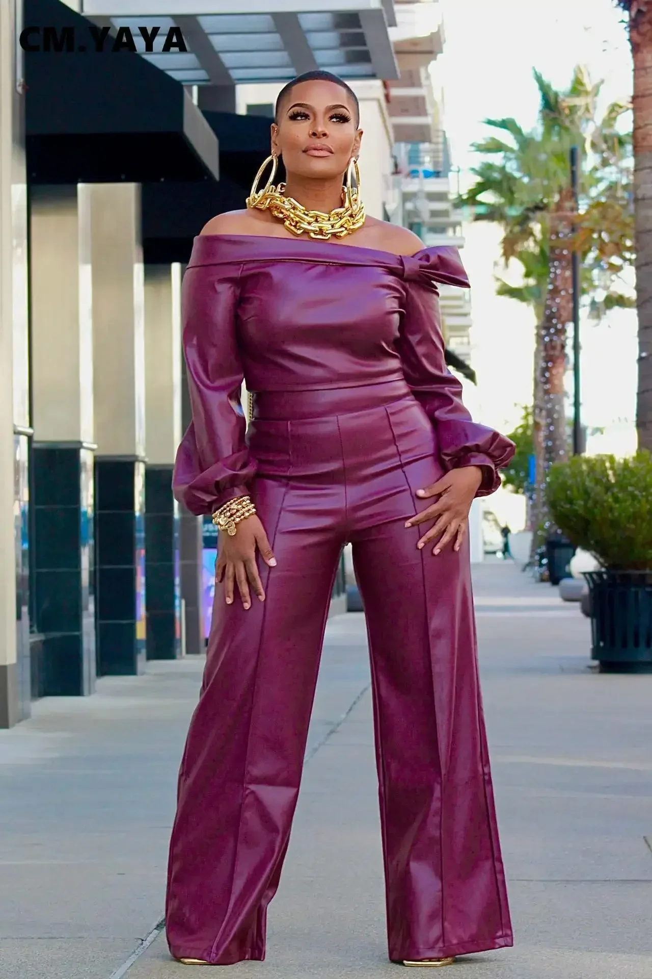 Wide Leg Leather Two Piece Pants Set Plus Size Faux Leather Two