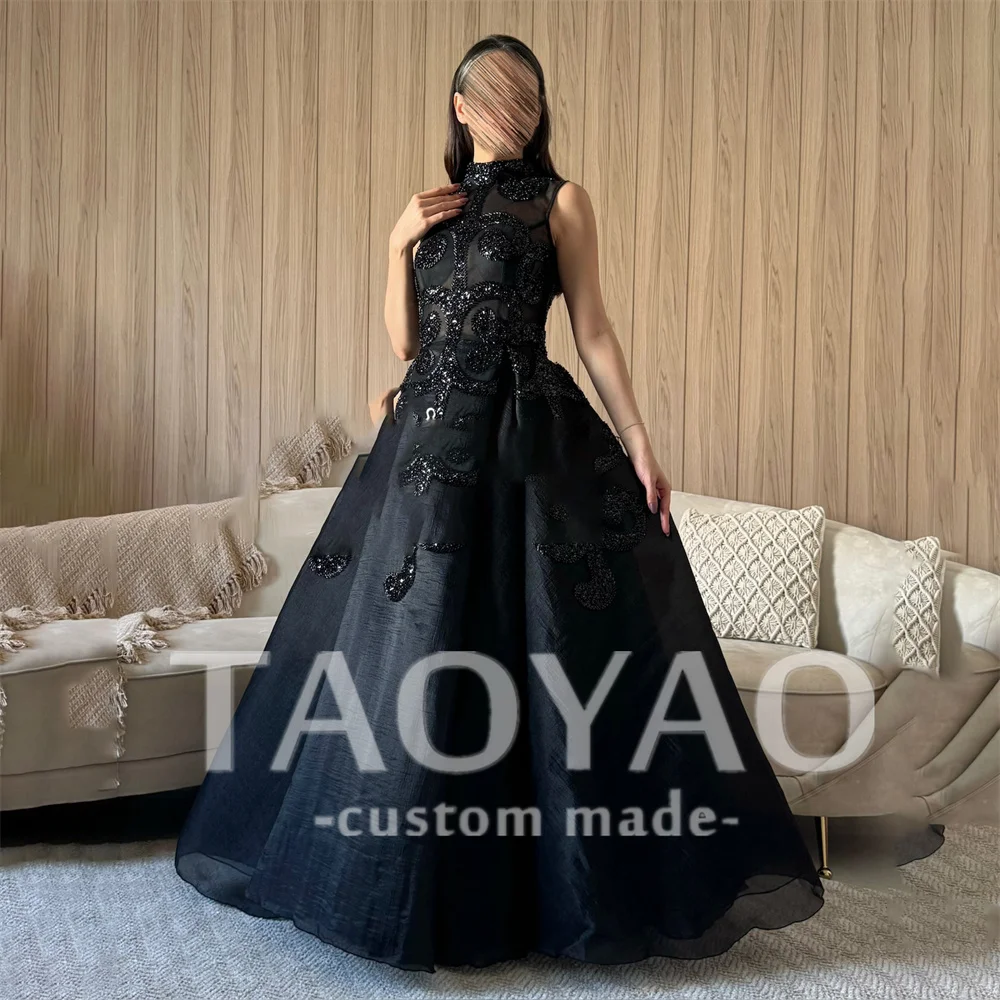 

Captivating Black A Line High Neck Evening Dresses Elegantly Party Dresses Beads Sequins Prom Gowns Robe De Soirée Vestido