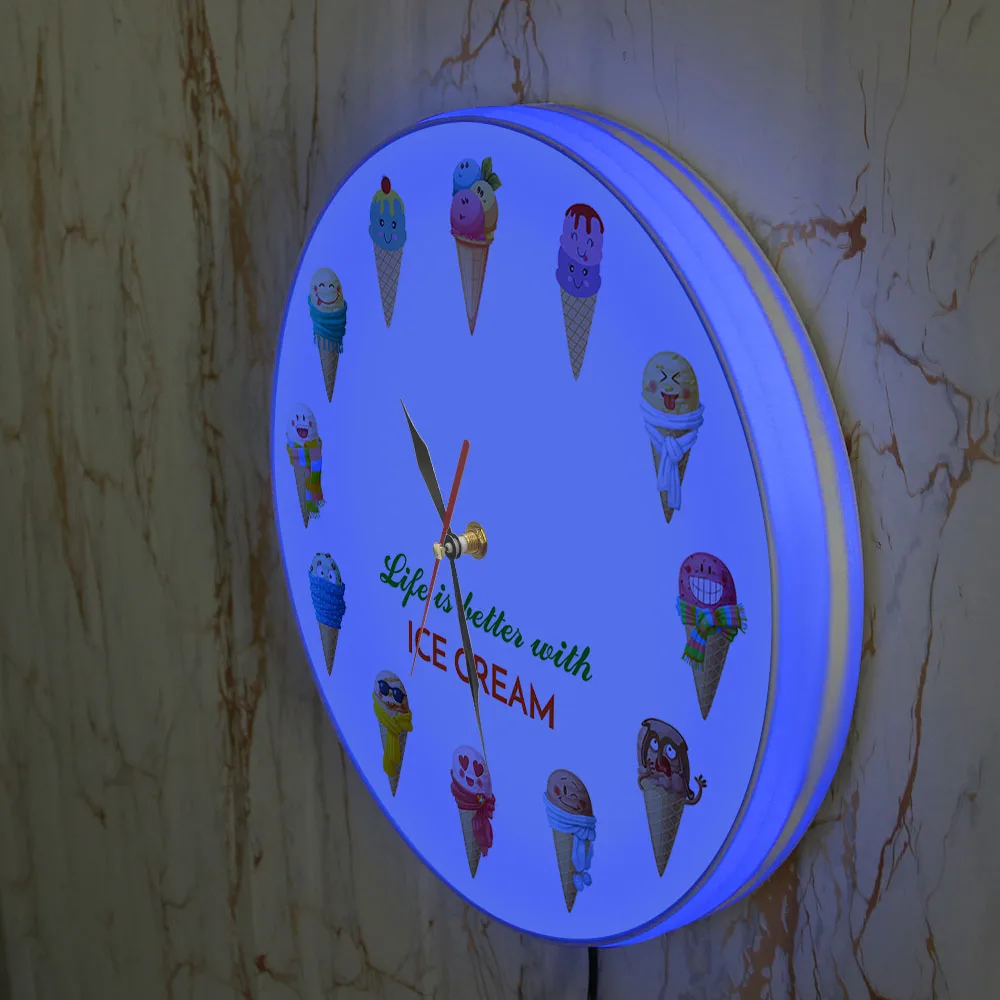 Life is better with ICE CREAM Cartoon Ice Cream Printed Dessert Wall Clock Kid Room Nursery Wall Art Kitchen Clock Wall Watch 5