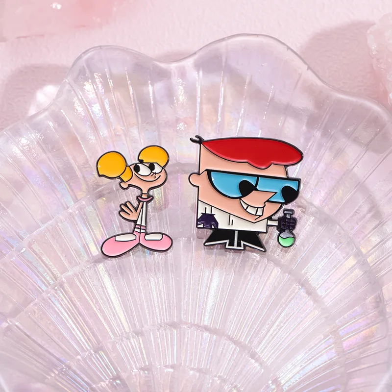 Cartoon Dexter's Lab Themed Pins Brooch Anime Boy Dexter And His Sister Titi Figure Badge Enamel Cosplay Props Lapel Pins Jewelr