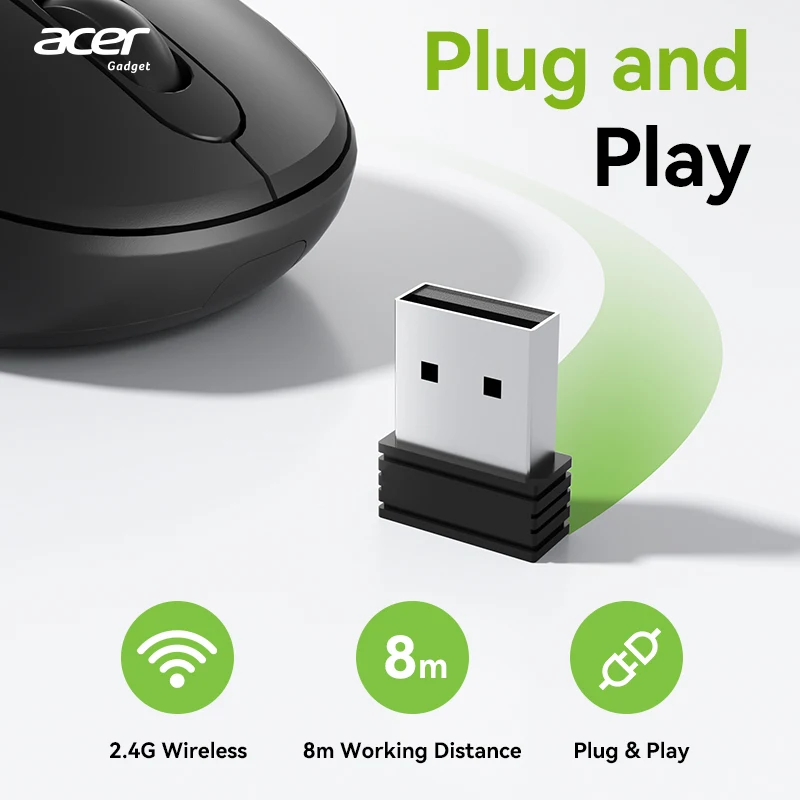 Acer OMR282 무선 마우스, 2.4GHz 컴퓨터 마우스, USB-A 수신기가 있는 사무용 무선 USB 마우스, PC, 노트북과 호환 가능