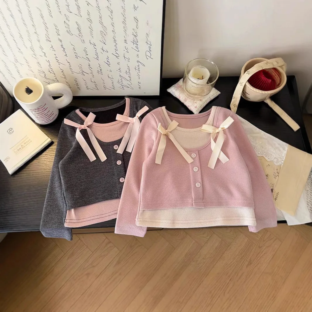 Herbst Mädchen Langarm Tops 3-8 Jahre Alt Süße Und Vielseitige Gefälschte Zwei T-shirts Kinder Modische Pullover