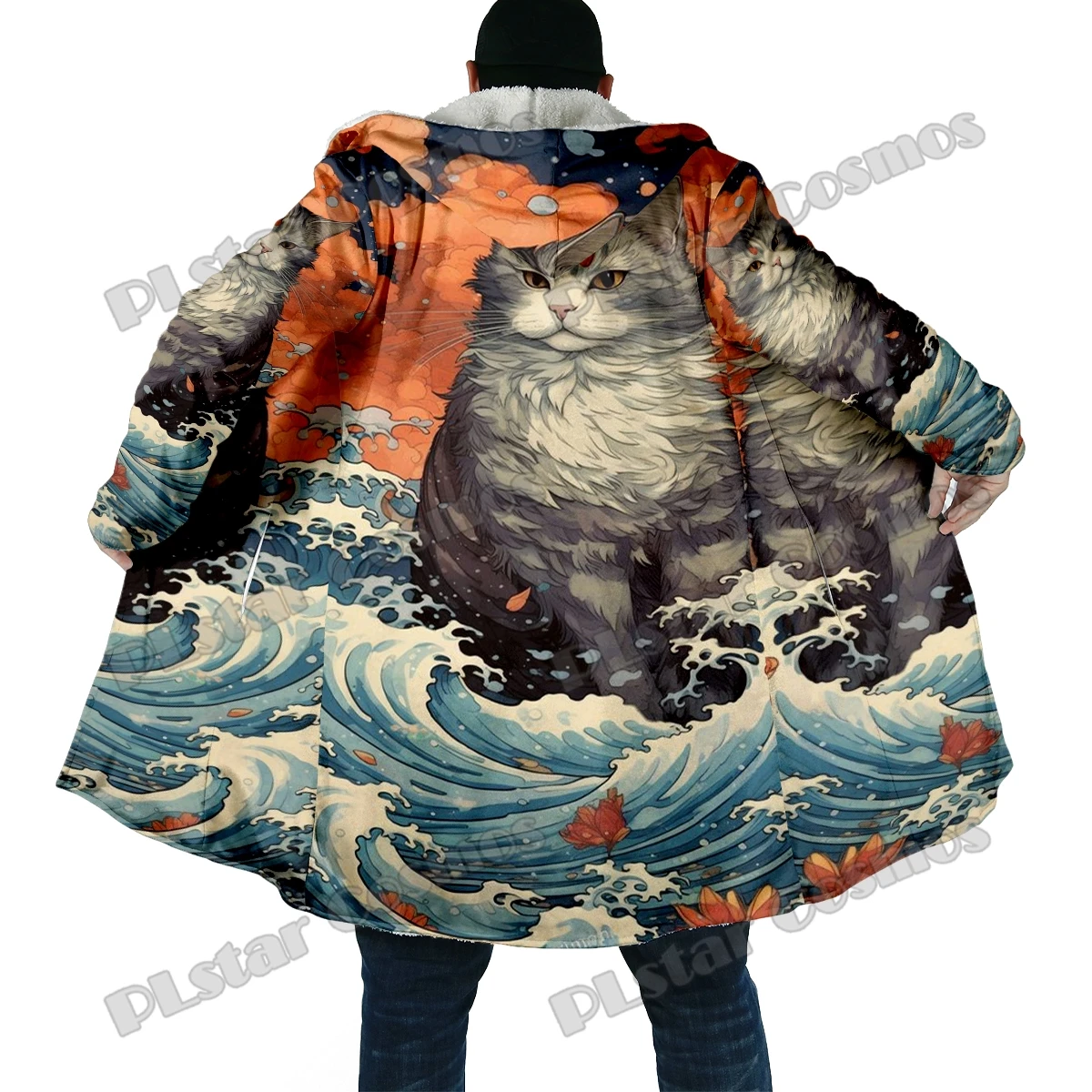Winter Fashion Men's cloak Animal Cat Retro Pattern 3D Printed Thick Fleece Hooded Cloak Unisex Casual Warm Cape Coat DP70