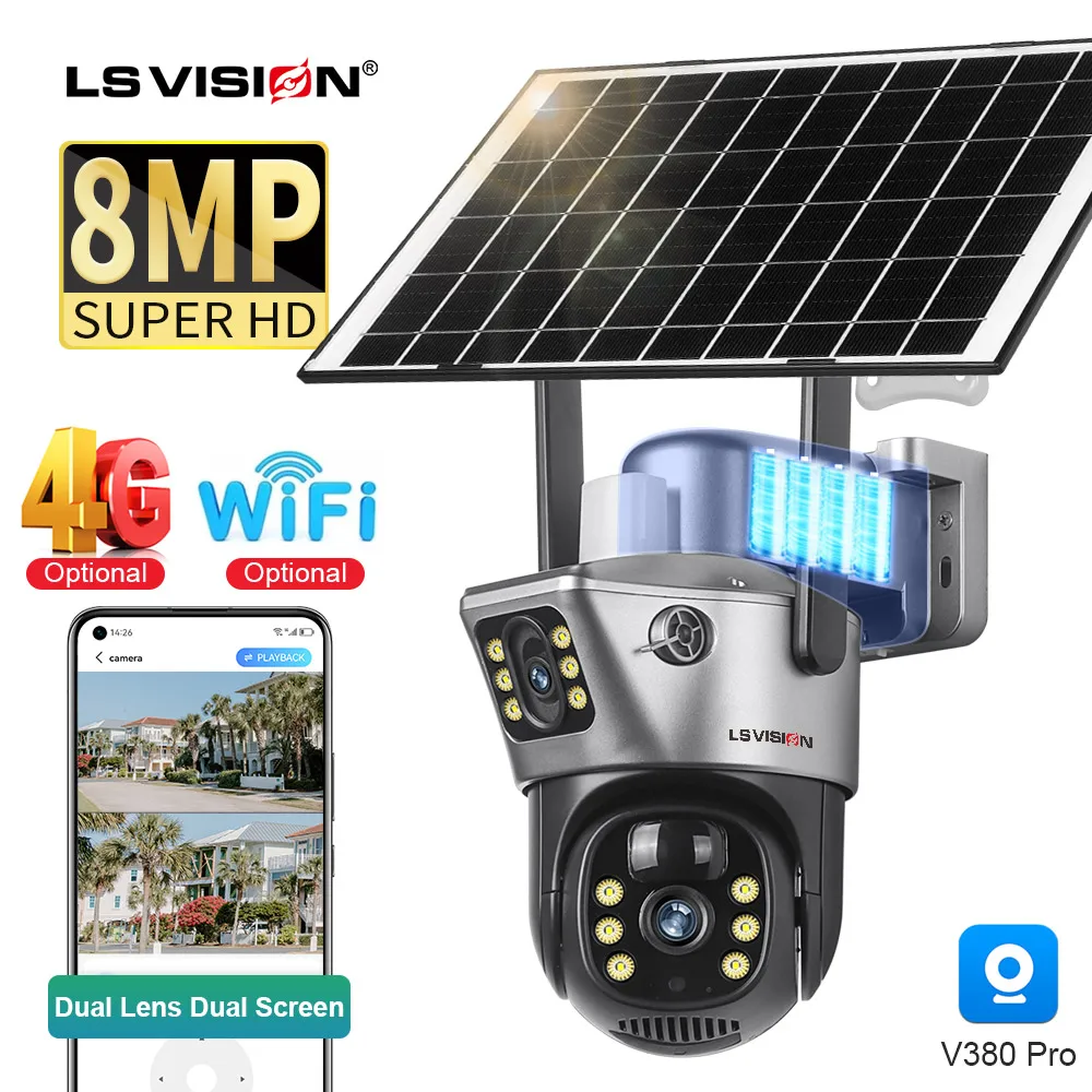 LS VISION 4K 8MP Dual Screen Solar Camera Outdoor Wireless 4G/WiFi PTZ Dual Lens Security Protection Auto Tracking CCTV Cameras