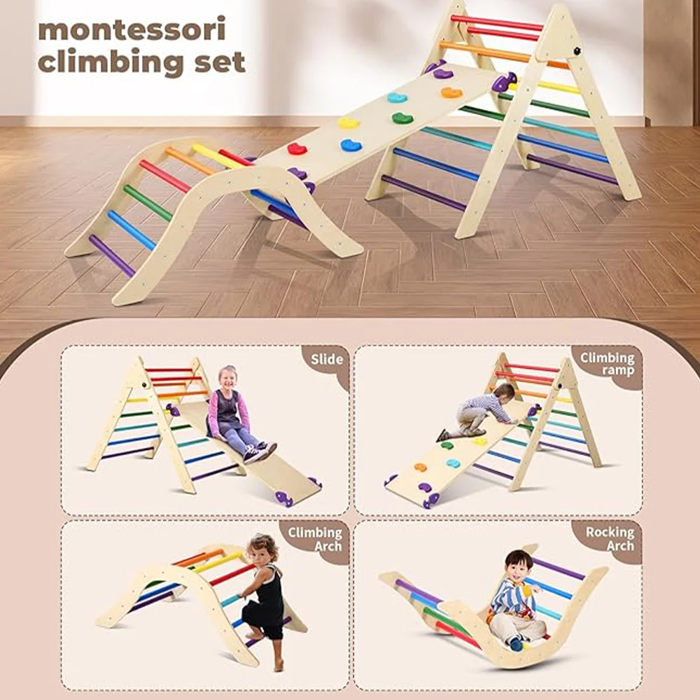 Pikler Triangle Set With Cushion, 5 In 1 Montessori Foldable Climbing Set, Climbing Indoor Playground Set For Toddlers, Wooden C 3