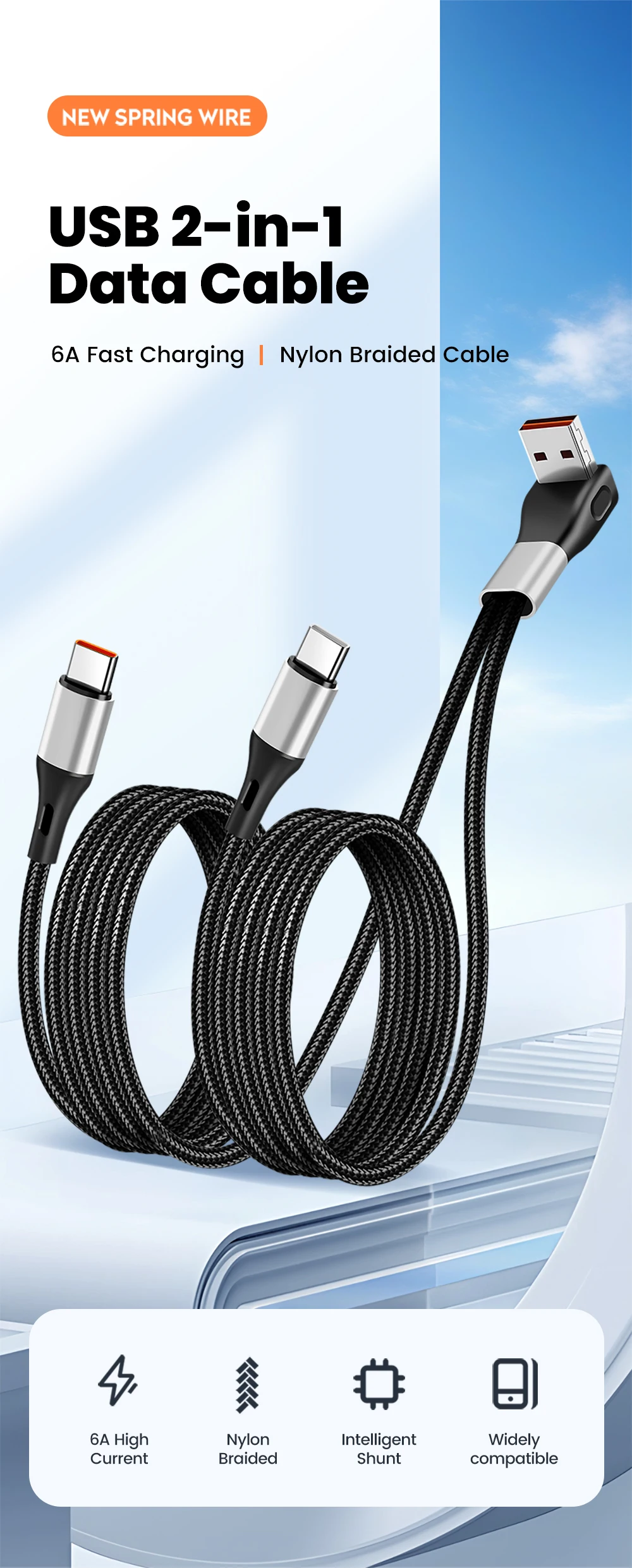 6A USB to Type c Fast Charge Cable 2-in-1 Mobile Phone Charging Cable Dual Type-C Fast Charge Cable for iphone 15 16 Samsung