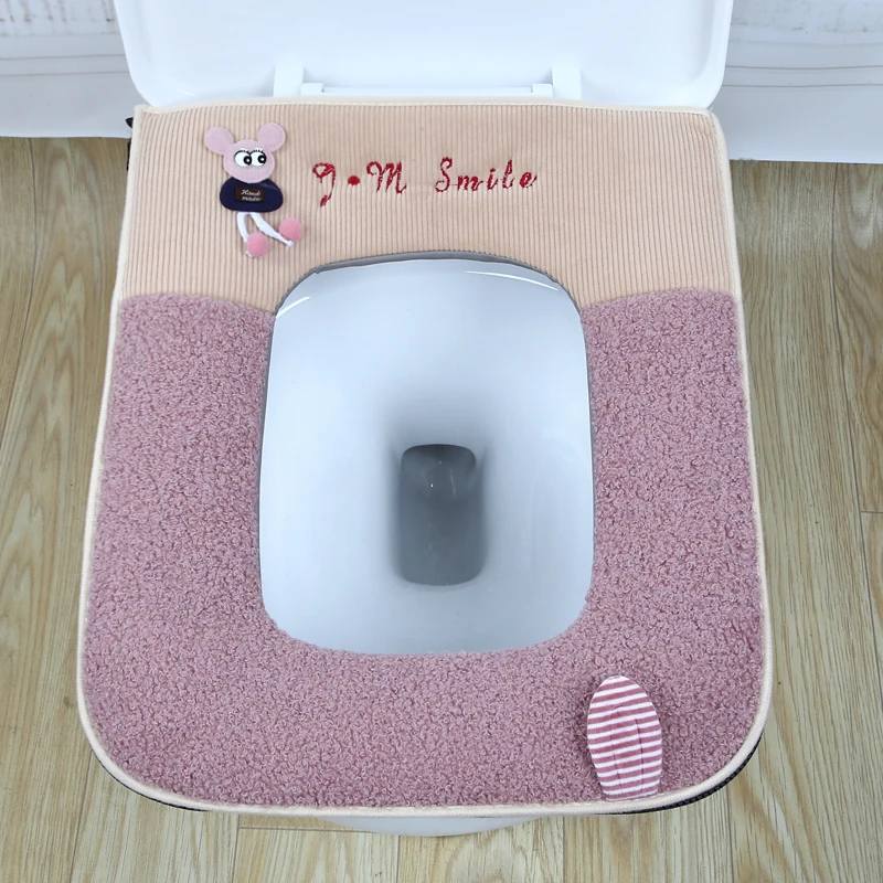 Cartoon Cute Plush Square Toilet Cushion Bathroom Accessories Keep Warm with Zipper Waterproof Household Toilet Mat Washable 3