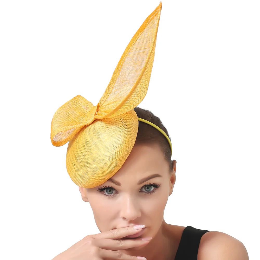 

Yellow Wedding Bow Fascinator Wedding Hat Chic Women Occasion Church Headpieces Sinamay Chapeau Cap Ladies Party Dinner Headwear