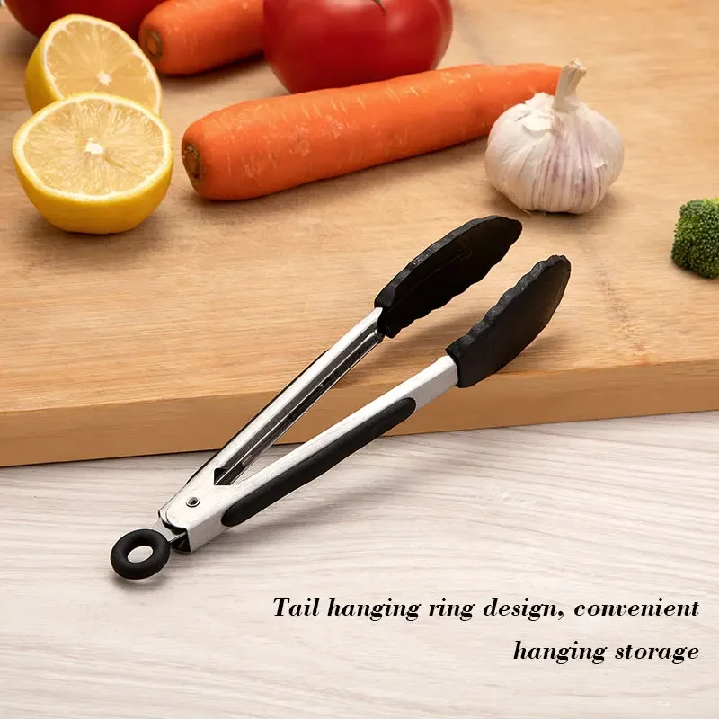 1 Pc Black Silicone Food Tongs Stainless Steel Food Tongs Outdoor BBQ Clamps For Camping Kitchen Tongs For Baking Steak food tongs