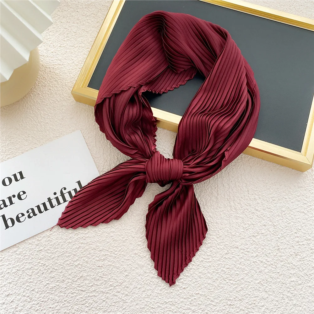 70cm Luxury Satin Neckerchief Square Silk Scarf Wrap Pleated Scarf Decorative Headscarf Crinkled Scarves Bandana Handkerchief 5