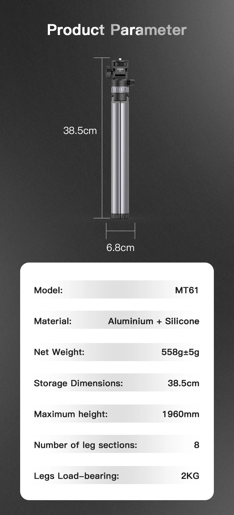 COMAN MT61 1,96M Tragbares Lichtstativ für LED-Licht Projektor Blitz Softbox Mit Kabelloser Bluetooth-Verbindung für Sony Canon iPhone – Detail 10