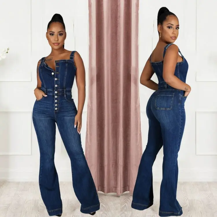 

Women One Piece Overalls Jeans Denim Washing Wide Leg Pants Ankle Length Sexy Basics Single Breasted Jumpsuits Solid Pockets