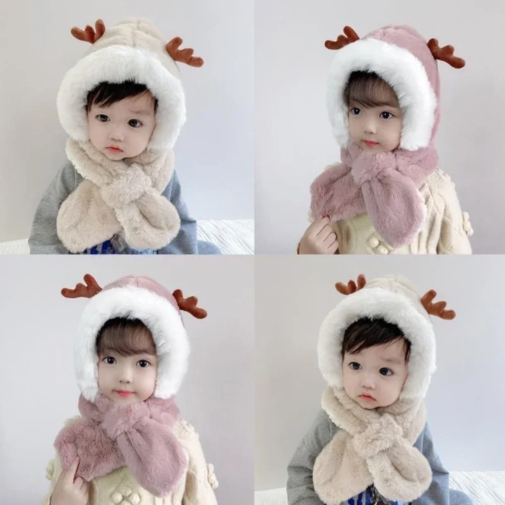 New Winter Warm Hat Scarf Set for Under 5Y Kids Girls Boy Plush Hat Earflap Hoodie Scarf Thick Earmuffs Hat for Infant Toddler new cute plush antler ears knitted hat ladies winter fur ball earmuffs plus velvet warm thick windproof festival decorative hat