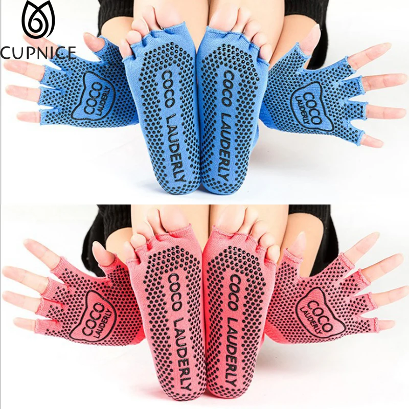 Yoga socks Women Yoga Silicone Socks Gloves Sets Half Toe Five Toed Non Slip Ladies Sports Socks Five-Finger Gloves
