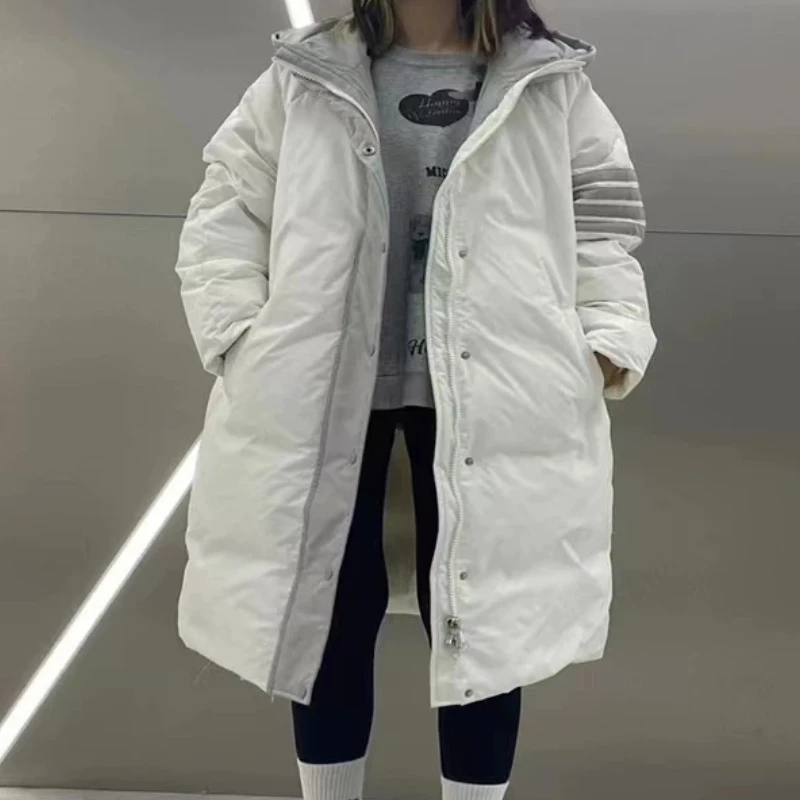 Chaqueta de invierno para mujer, abrigos de plumón de longitud media, con diseño de patchwork, a rayas, sencilla, informal, gruesa, holgada, cálida, con capucha, para nieve