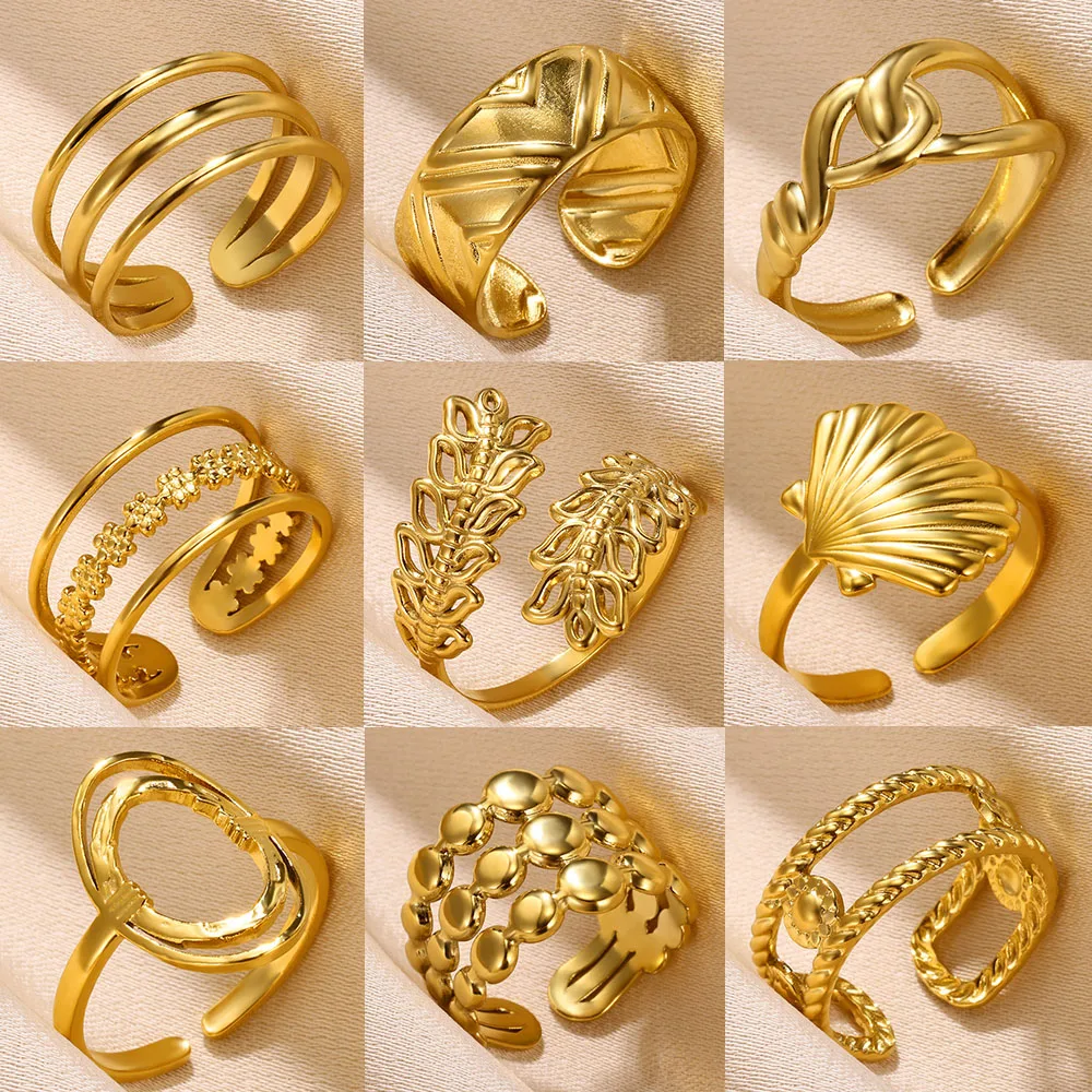 VintageStainlessSteelRingHollowLeafGeometricRingAdjustableOpen