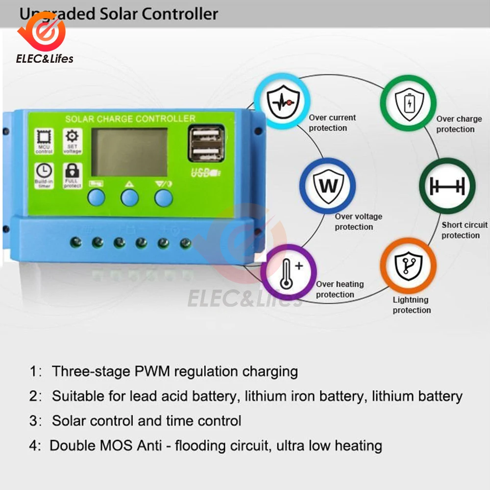 11.1V/12V/24V 10A 20A 30A Regolatore solare universale Regolatore di carica solare fotovoltaico con display LCD Doppia porta USB - immagine 4