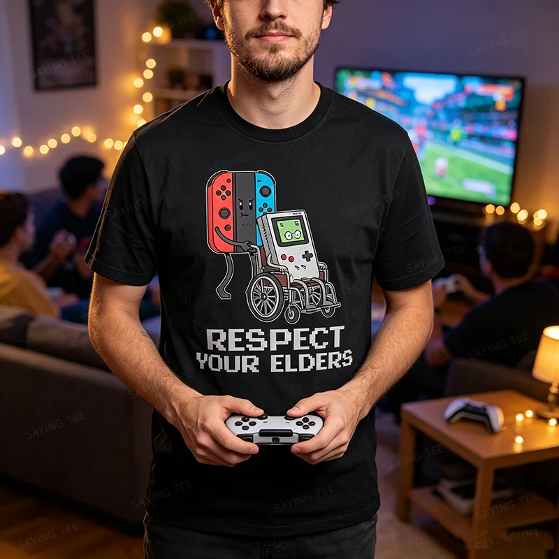 Lustiges Video-Gaming-T-Shirt für Männer, klassisches Gamer-T-Shirt, Respektiere deine Älteren, Gaming-T-Shirt, Y2k, weiches, bequemes Baumwoll-T-Shirt mit Spruch, Neuheit-Top