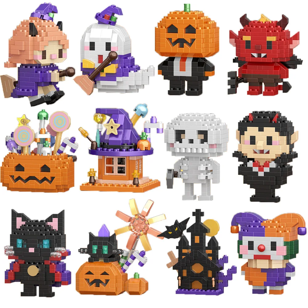 Mini-Halloween-Bausteine Kürbismann Joker Geist Dämon Hexe Vampir Schloss Montage-Bausteine Modell-Spielzeug für Kinder Geschenk