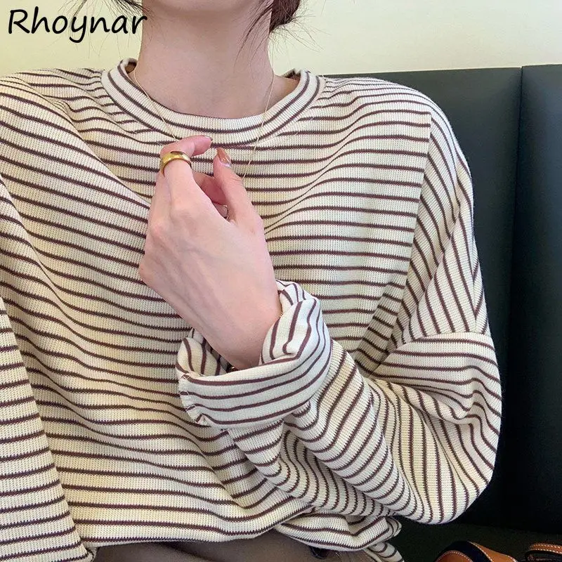 

O Neck T-shirts Women Loose Striped Trendy Leisure Korean-style Simple Office Ladies All-match Long-sleeves Basic Autumn Soft