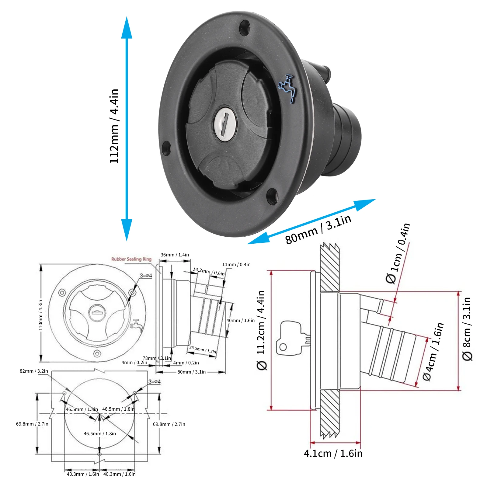 RV Water Inlet Lockable Leakproof Water Filler Cap for RV Caravan Motorhome