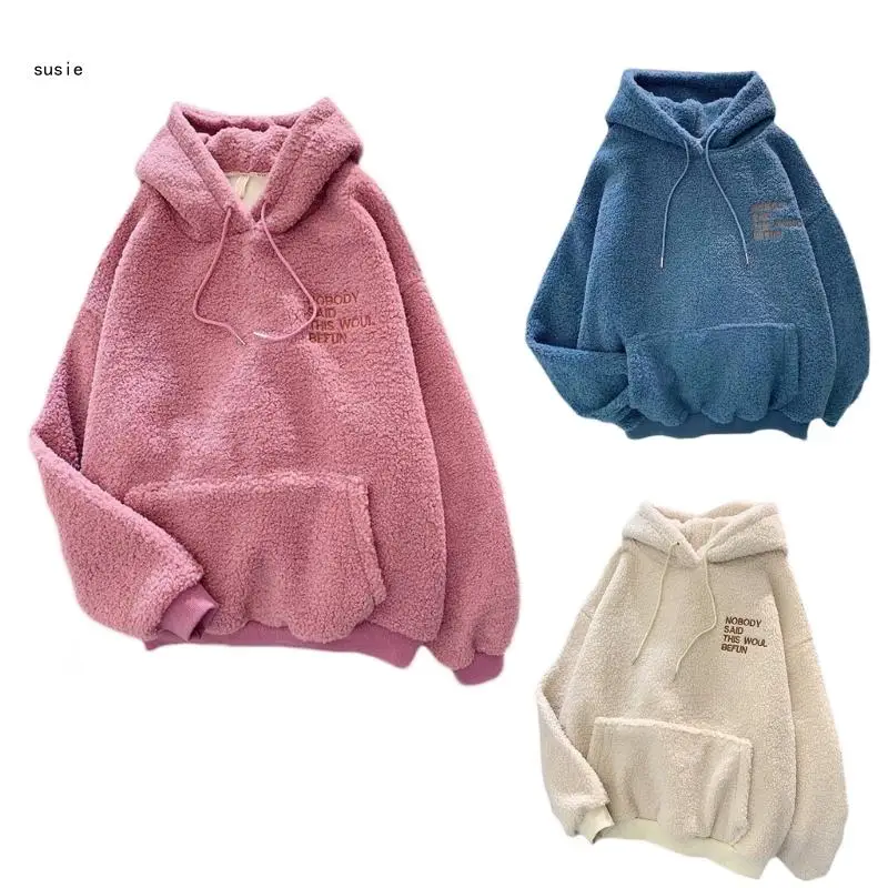 

X7YA Soft Comfortable Ladies' Fleece Sweater Solid Color Pullover Hoodie Sweatshirts Long Sleeve Front Pocket Designed