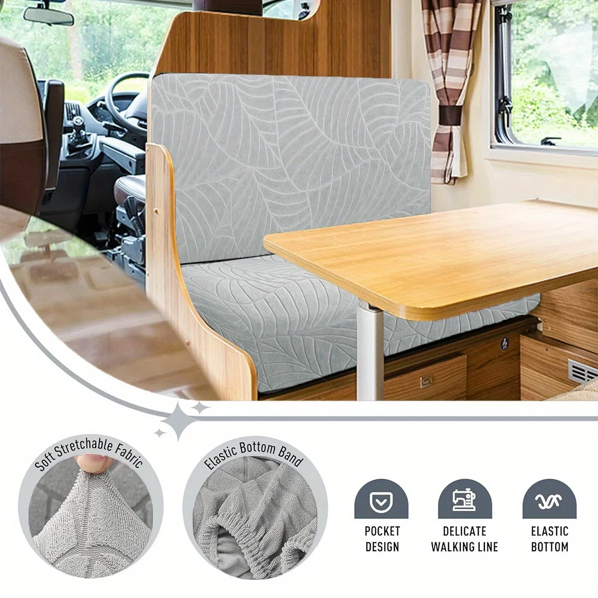 2pcs/Set Water Resistant Leaf Texture Jacquard Stretch RV Dinette Cushions Cover Spandex Soft RV Camper Car Bench Seats Covers chair cover