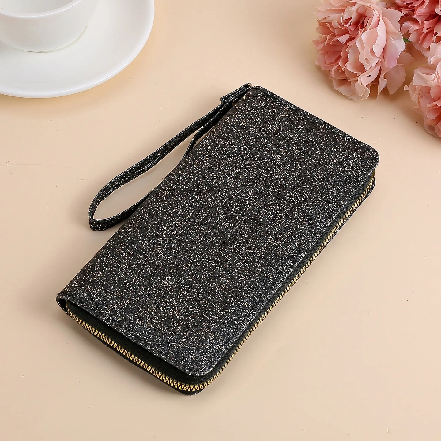Elegant Women's Glitter Bead Zipper Wallet - Trendy Multi-card Slot Clutch Coin Purse