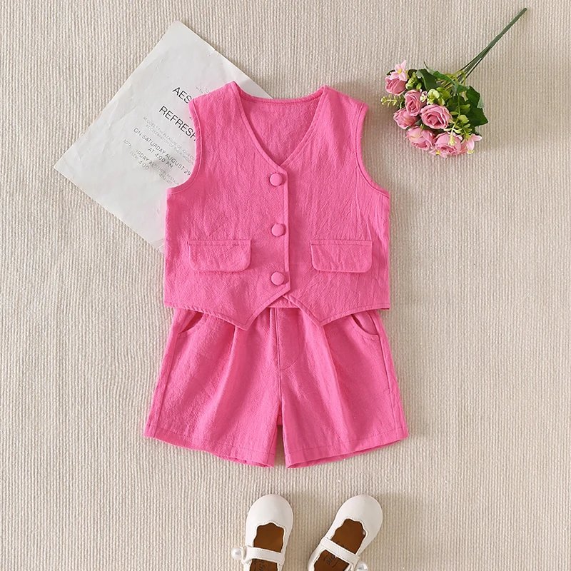 FOCUSNORM Fashion Little Girl Summer Clothes Sets Solid Sleeveless Single Breasted V-Neck Tank Tops + Elastic Waist Shorts