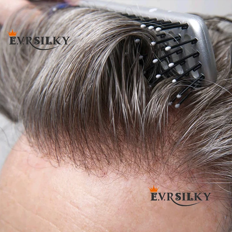 Human Hair Toupee Men Wig Natural Hairline #1B80 Gray Wave Full Skin 0.02mm