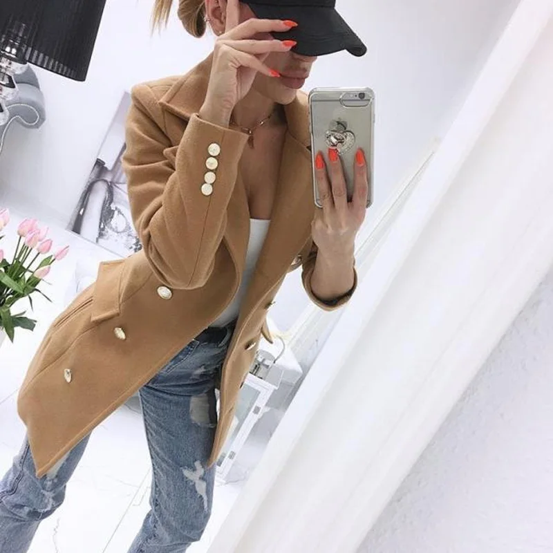 Women Casual Wool Blends Lapel Overcoat Autumn Winter Solid Fashion Long Sleeve Coat Outwear Elegant Double-Breasted Lady Jacket white puffer