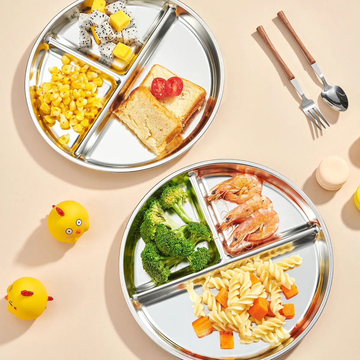 Round Dinner Plate With Compartments 304 Stainless Steel Divided Dinner Dish Fruit Salad Food Plates Kitchen Tableware