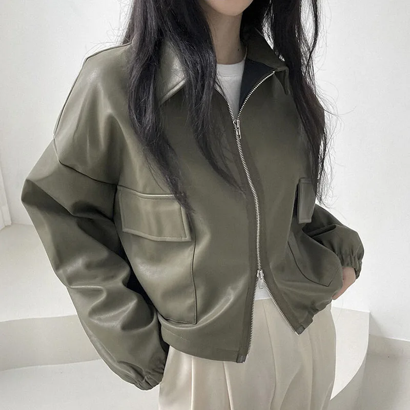 Faux Leather Women's Jacket Spring Autumn 2024 New Fashion Double Zip-up Coats Simple Solid Casual Motorcycle Leather Jacket