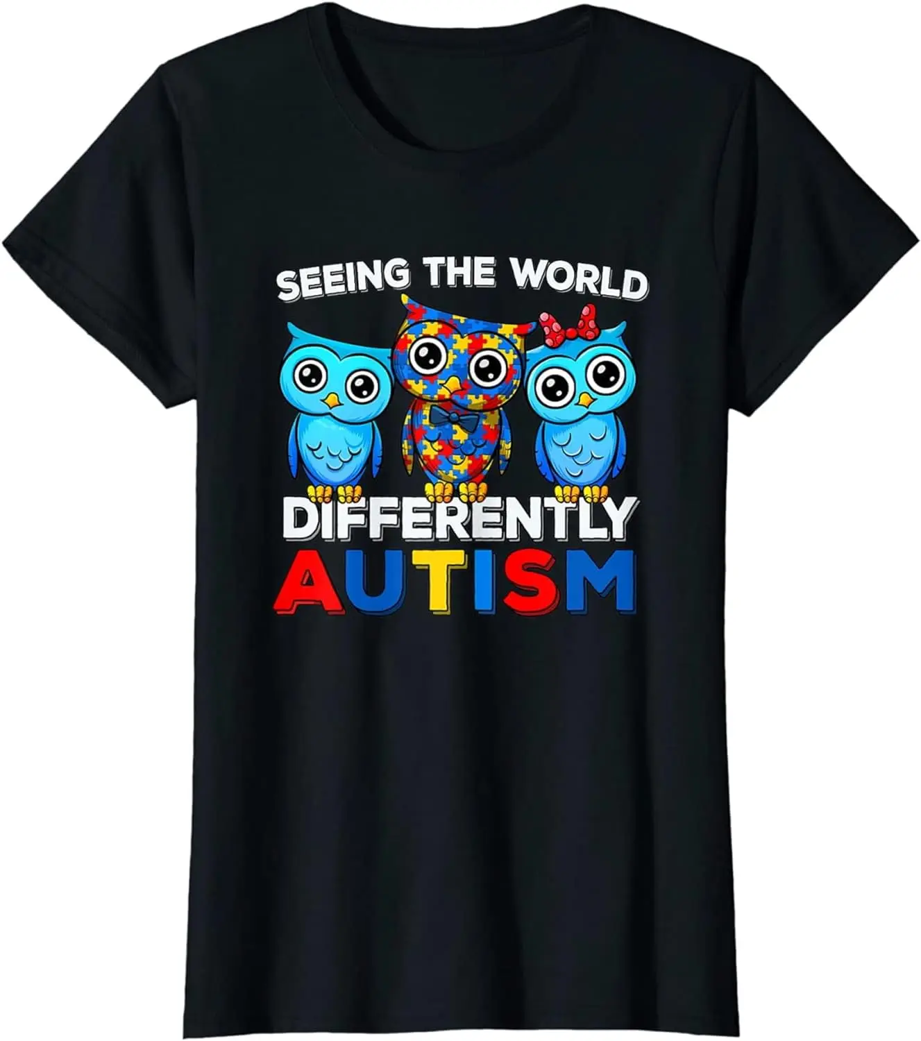 

Seeing The World Differently Autism Awareness Owl T-Shirt Graphic T Shirt, Crew Neck Casual Premium Polyester Breathable Tee