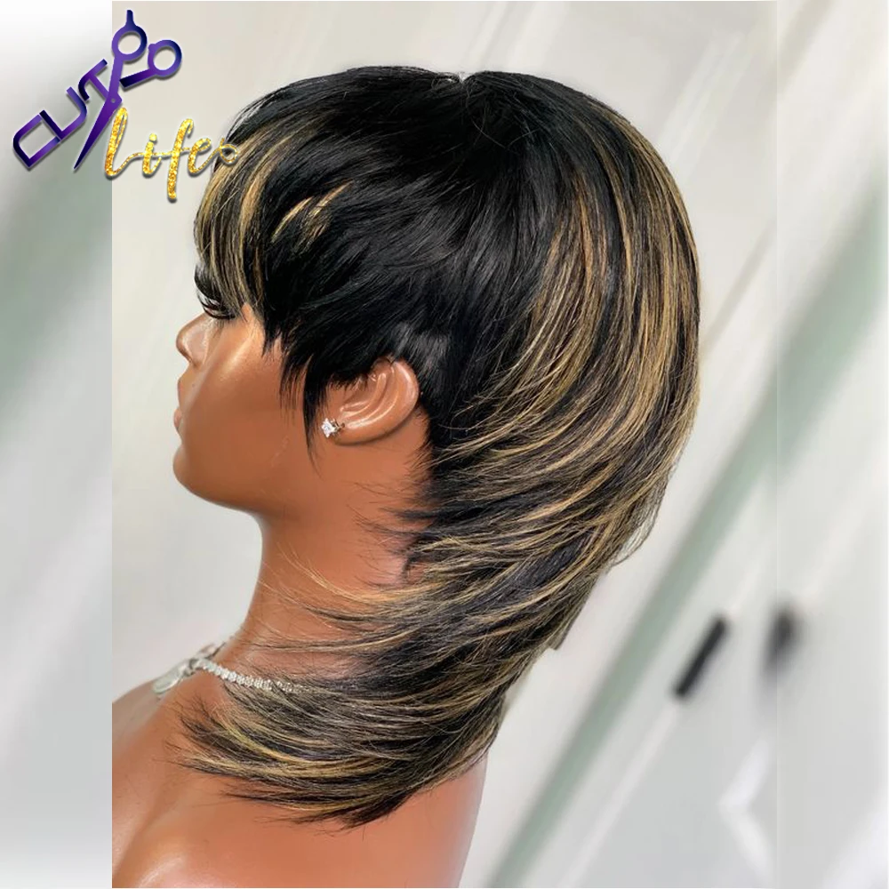 Short Pixie Cut Wigs Wear And Go Full Machine Wig With Bangs Dovetail Straight Highlight Blonde Remy Human Hair Mullet Wigs
