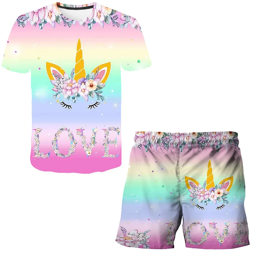 Fashion Kids Unicorn Clothes Set Girl Princess Casual T Shirts + Child Short Trousers 2pcs Girls Children Clothing Outfits 4-14Y clothing kid suit