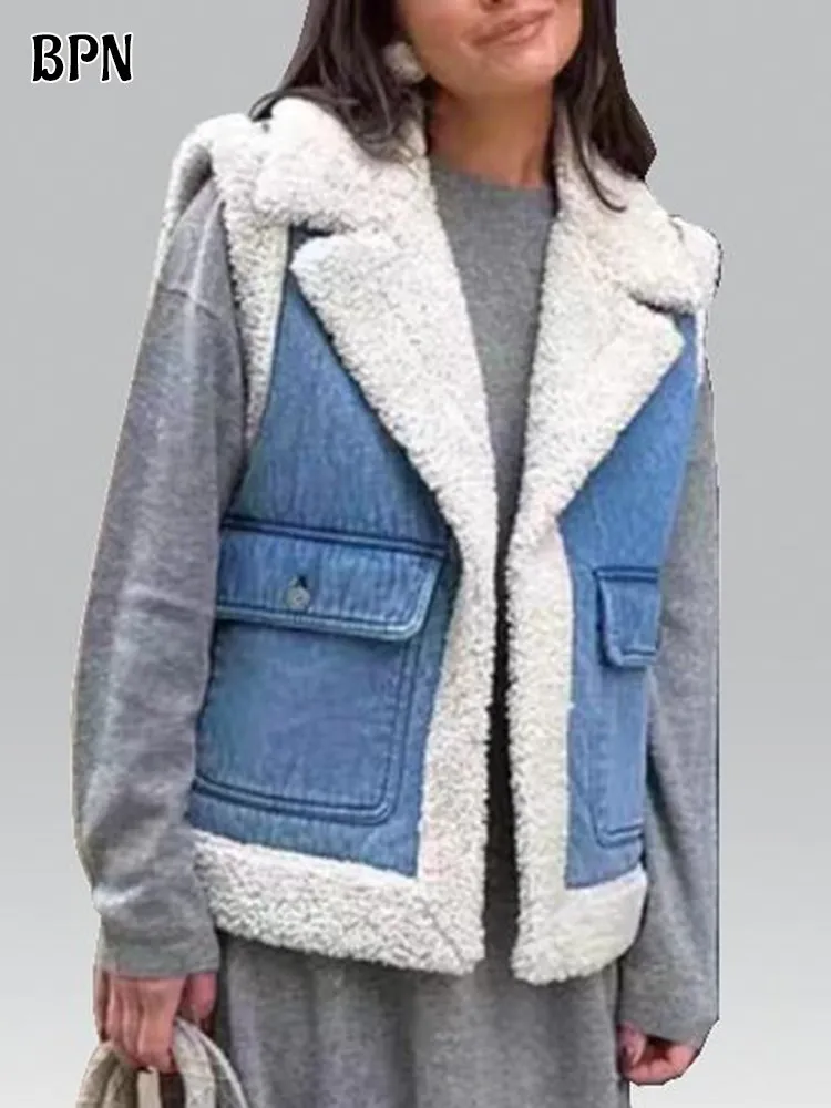 

BPN Patchwork Denim Hit Color Fashion Jackets For Women Lapel Sleeveless Spliced Pockets Lambwool Winter Vests Female Style New