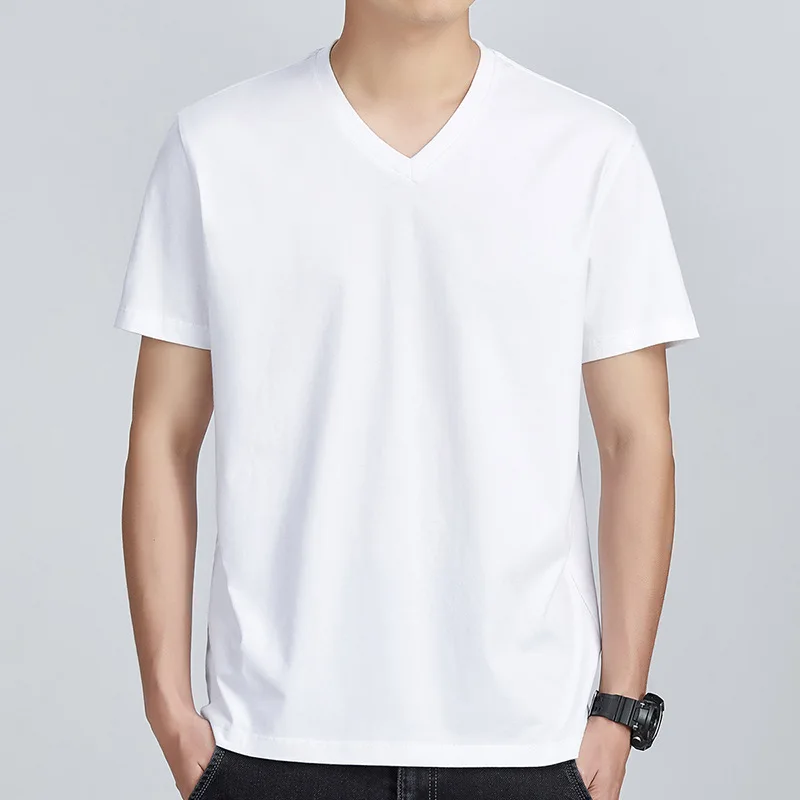 Kurzarm-T-Shirt für Herren, hochwertige reine Baumwolle, bequem, einfach, locker, V-Ausschnitt, einfarbig, lässige Mode-T-Shirts