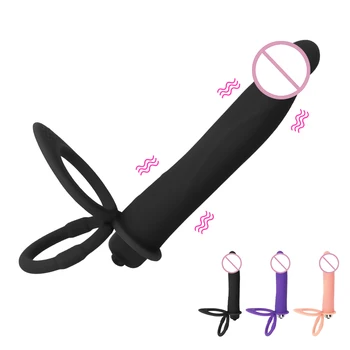 10 Speed Double Penetration Vibrator Silicone Strap-on Dildo Vibrator With Penis Ring Strap On Penis Anal Butt Plug for Man 2