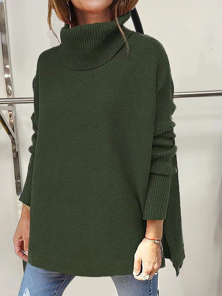 

Winter Turtleneck Pullover Women Casual Oversized Knitted Sweaters Loose Long Jumper Female Solid Batwing Sleeve Knitwear