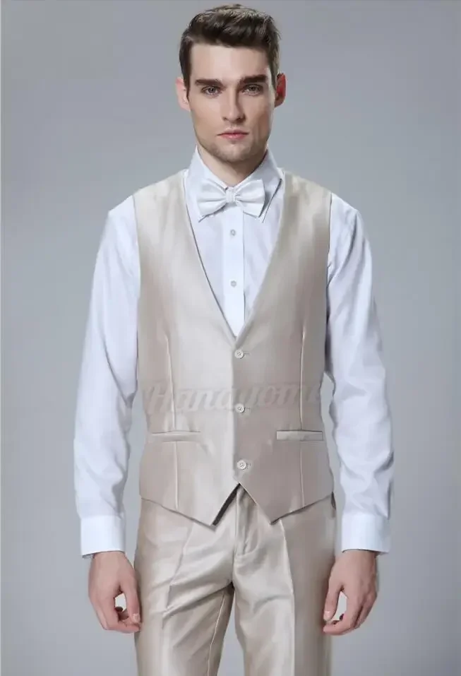 남성용 베이지 샴페인 새틴 세트 웨딩 세트, 슬림핏 3 피스 턱시도, 이탈리아 맞춤형 신랑 무도회 블레이저 세트, Terno Masuclino