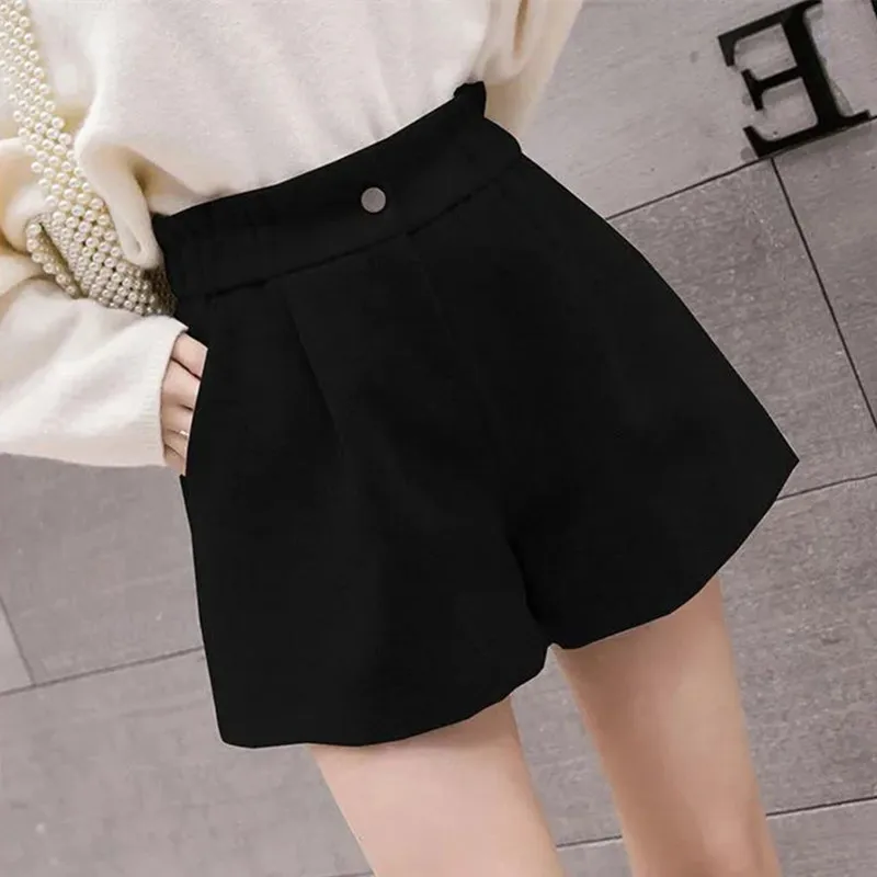 S-5XL Woolen Shorts Women Warm Harajuku Loose High Waist Short Elegant Button Pocket Wide Leg Trouser Lady New Clothing Stylish