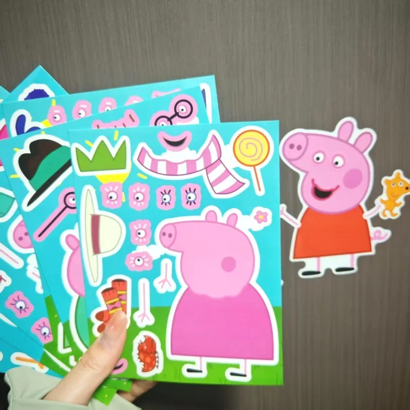 2026 neue 16-teilige Peppa Pig Familien-Puzzle-Cartoon-Aufkleber, rosa und blaue Eltern-Kind-Lernspielzeuge, DIY-Geschenke für Freunde