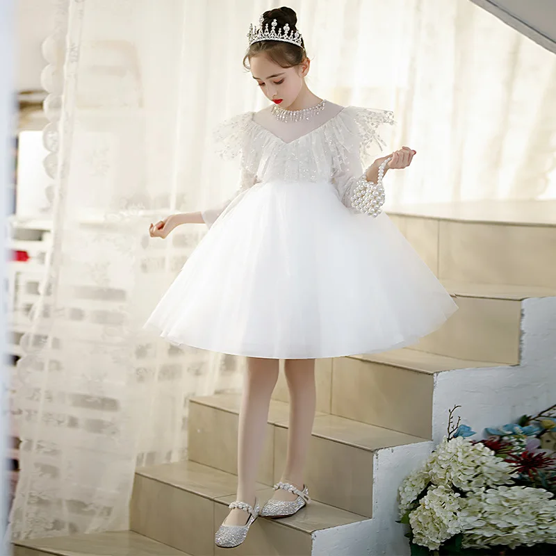 

Baby Girl Flower Lace Dress Kids Bridemaid Wedding Dresses For Children White Ball Gowns Girls Boutique Party Elegant Frocks